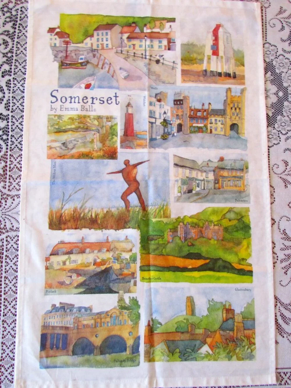 ENGLISH TEA TOWEL, SOMERSET SCENES in WATERCOLOR: BATH, DUNSTER CASTLE, WELLS ++